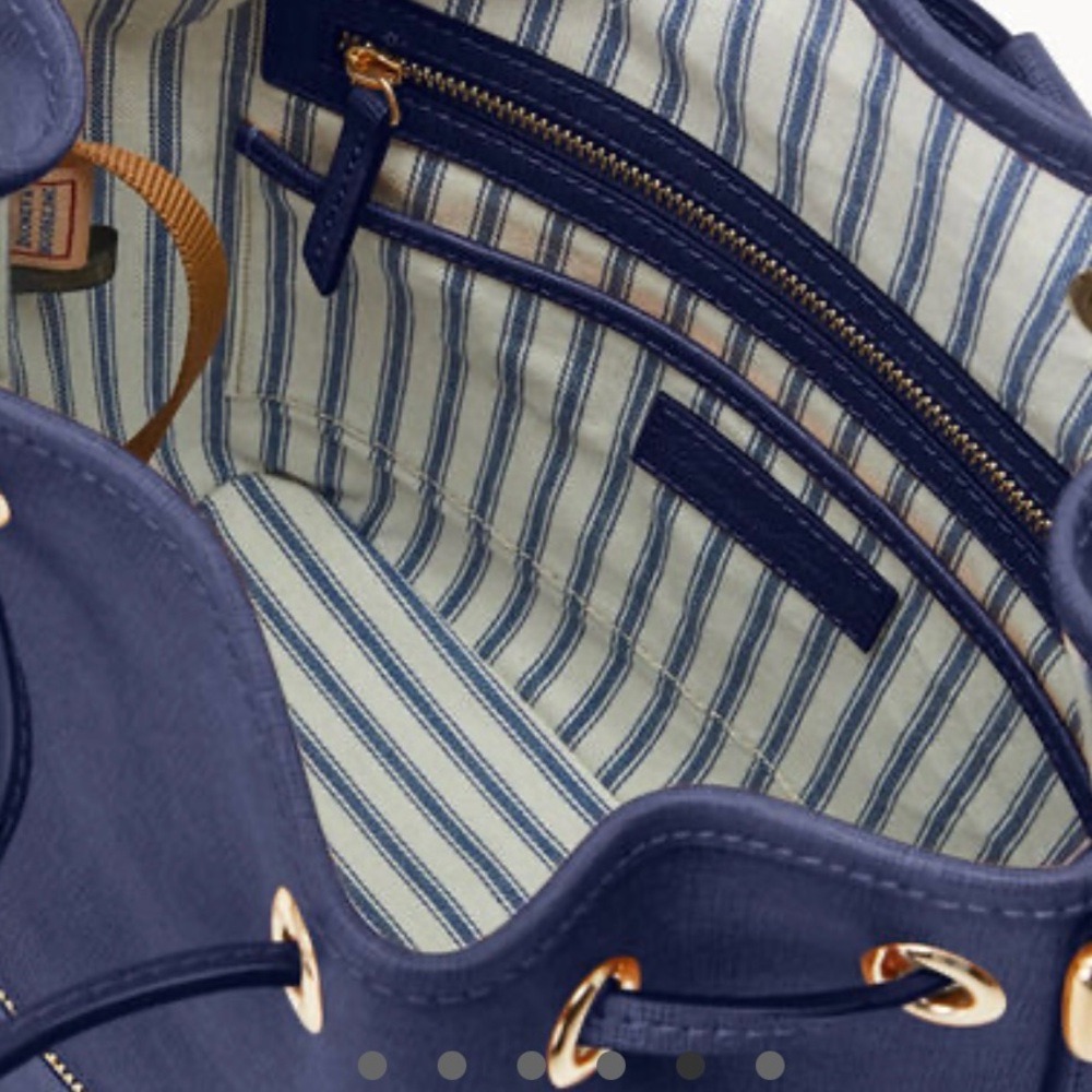 Dooney & Bourke Saffiano Drawstring Blue Leather Bucket Bag with Gold Hardware - Picture 3 of 4